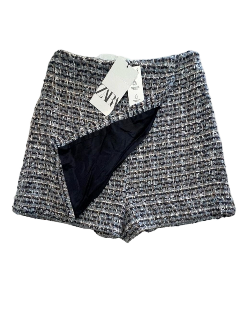 ZARA Textured Tweed Skort High Waisted Wrap Style Blue White Multicolor NWT S
